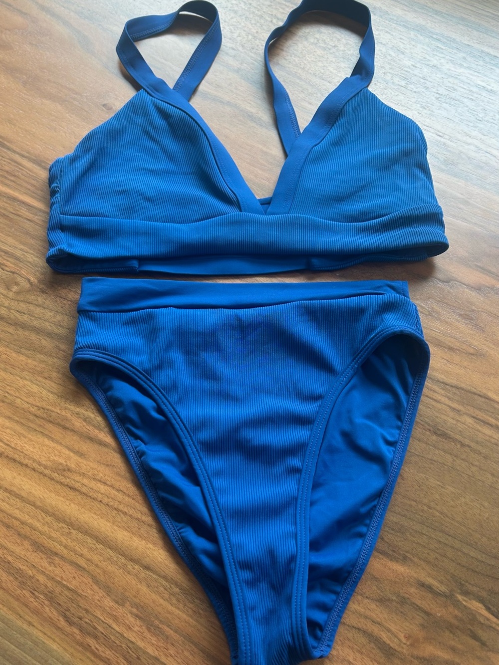 Lspace Ribbed Navy  Blue Bikini. Large top and small bottoms.